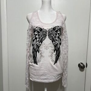 Womens Y2K Cold Shoulder Lace Sleeve Top Size L Wings Graphic Edgy Rocker